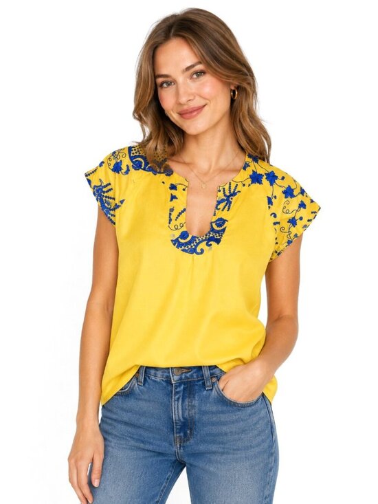 Beth Bowley Tops - Beth Bowley Embroidered Blue Yellow Cotton Top
